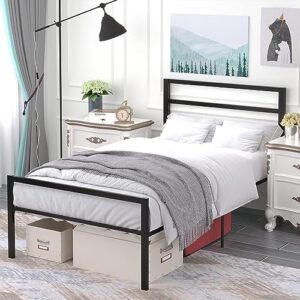 4 ever winner twin bed with headboard and footboard, 14 inch twin size metal platform bed frame, heavy duty, no box spring needed, anti-slip, easy assembly, black