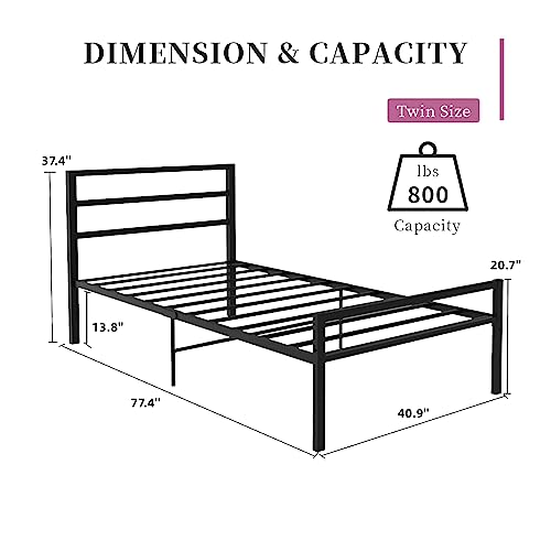 4 EVER WINNER Twin Bed with Headboard and Footboard, 14 Inch Twin Size Metal Platform Bed Frame, Heavy Duty, No Box Spring Needed, Anti-Slip, Easy Assembly, Black