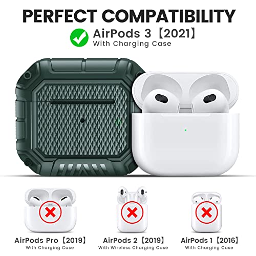 CUZOW Compatible with AirPods 3rd Generation Case, Full Body Rugged Hard PC Protective Cover with Wireless Charging, Durable Case with Keychain LED Visible for AirPods 3 Case(2021), Green