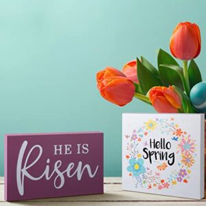 3 Pieces Easter He Is Risen Tiered Tray Decor Wood Table Sign Hello Spring Table Centerpiece Standing Decor It Is Finished Wood Tiered Tray Decoration for Easter Party Farmhouse Home Table Decor