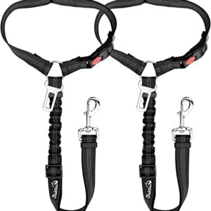 SlowTon Dog Seat Belt, 2 Pack Pet Car Seatbelt with Elastic Bungee Buffer, 2 in 1 Adjustable Headrest Restraint Reflective Puppy Safety Harness (Black-Dual Use)