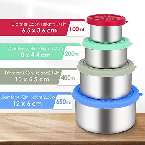 ikitchen Stainless Steel Snack Containers with Leakproof Silicone Lids, Salad Dressing Containers for Kids Reusable Metal Nesting Lunch Condiments Container Food Storage Set of 4