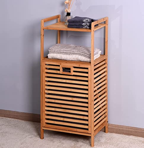 Eytruty Bamboo Tilt-Out Laundry Hamper Cabinet Free-Standing Ventilated Dirty Clothes Organizer with 2-Tier Storage Shelf & Removable Fabric Bin for Bathroom, Bedroom, Living Room