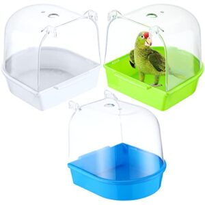 3 pieces clear bird bath for cage parakeet bird cage accessories hanging bird bath box parrot bird bathing tub with clear view for small birds cockatiel conure canary budgies parrots blue green white