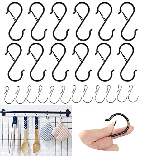 CRSONGMAOZL 24 Pack S Hooks for Hanging Clothes Heavy Duty Metal Black S Hook with Safety Buckle Design for Outdoor, Lights, Kitchenware, Hanging Hooks