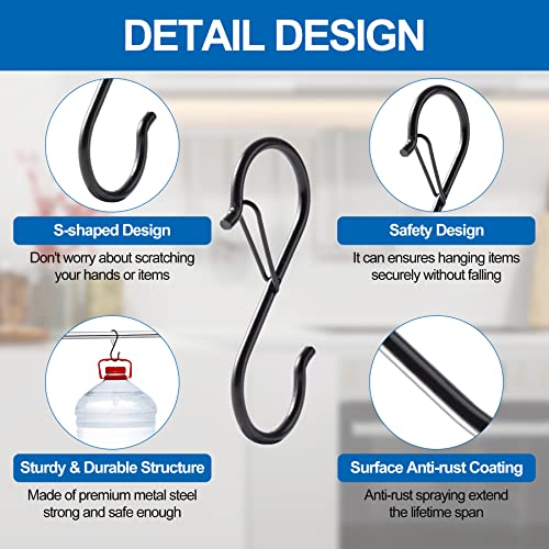 CRSONGMAOZL 24 Pack S Hooks for Hanging Clothes Heavy Duty Metal Black S Hook with Safety Buckle Design for Outdoor, Lights, Kitchenware, Hanging Hooks