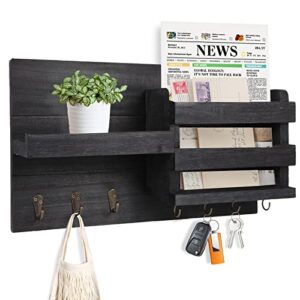 sllpl wood mail organizer wall-mounted - mail holder with key hooks, key holder for wall decorative, mail and key holder with shelf for leash and bills, rustic mail sorter for entryway, black