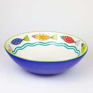 euro ceramica freshcatch collection 13-inch large serving bowl - indoor/outdoor use - colorful cute fish pattern on white (frc-86-3913)