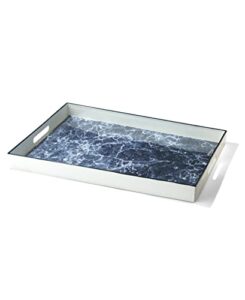 american atelier navy rectangular serving tray – large 14 x 19 inch decorative platter w/carry handles in gorgeous marble finish for food, drinks, ottoman or centerpiece