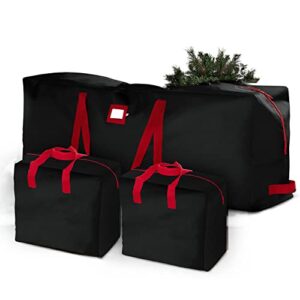 3-pack christmas artificial tree storage bag and two garland bags; holiday tree storage for trees up to 9 ft, includes card slot, dual zipper, and carry handles; tearproof 600d oxford material