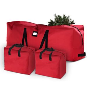 zober 3-pack christmas artificial tree storage bag and two garland bags; holiday tree storage for trees up to 9 ft, includes card slot, dual zipper, and carry handles; tearproof 600d oxford material