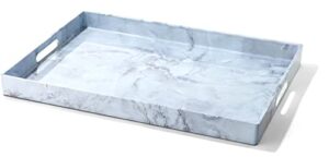 american atelier blue gray rectangular serving tray – large 14 x 19 inch decorative platter w/carry handles in gorgeous marble finish for food, drinks, ottoman or centerpiece, (1270750)