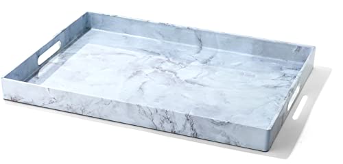 American Atelier Blue Gray Rectangular Serving Tray – Large 14 x 19 inch Decorative Platter w/Carry Handles in Gorgeous Marble Finish for Food, Drinks, Ottoman or Centerpiece, (1270750)