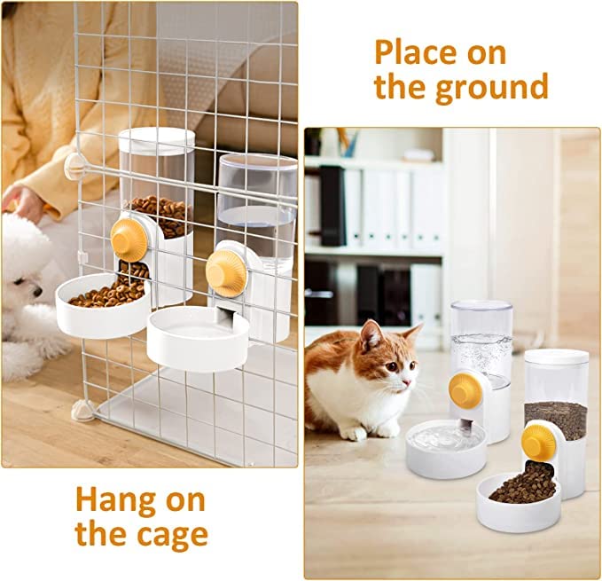 DricRoda Pet Feeder Waterer Hanging Dog Cat Food Water Dispenser, Automatic Gravity Feeder Waterer Set for Cage Pets, Travel Food Water Bowl Rabbit Feeder for Ferret Small and Medium Animals, White