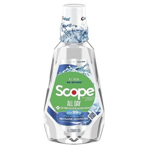 crest scope all day mouthwash, alcohol free, clean mint, mild flavor, 1l (33.8 fl oz)