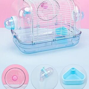 Misyue Hamster Travel Portable Carrier Cage Small Animal Carry Case with Water Bottle&foodbowl&Running Wheel for Dwarf Hamster,Ferrets,Hedgehog,Chinchilla (Blue)