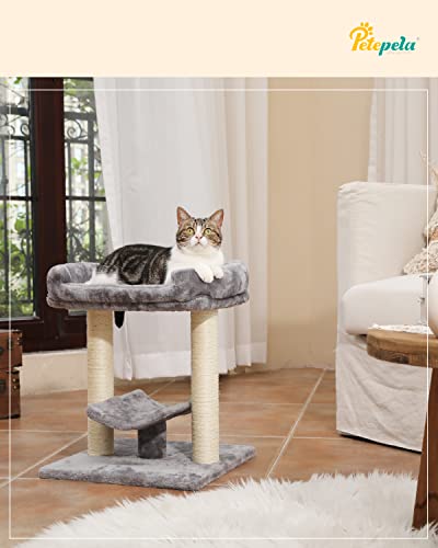 PETEPELA Cat Scratching Post, Cat Tree Tower for Indoor Cats, Cat Scratcher with Large Plush Top Perch Bed, Cat Post and Curved Platform