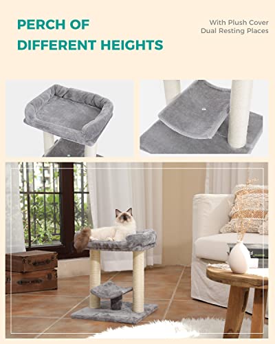 PETEPELA Cat Scratching Post, Cat Tree Tower for Indoor Cats, Cat Scratcher with Large Plush Top Perch Bed, Cat Post and Curved Platform