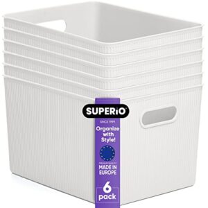 superio ribbed collection - decorative plastic open home storage bins organizer baskets, x-large white (6 pack) container boxes for organizing closet shelves drawer shelf 22 liter/23 quart