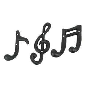 zeckos harmonious melodies - set of 3 black finish cast iron musical note wall hooks for decorative music room ensemble - 6 inches high - elegant home decor accent