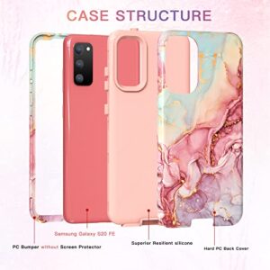 Btscase for Galaxy S20 FE 5G Case, Marble Pattern 3 in 1 Heavy Duty Shockproof Full Body Rugged Hard PC+Soft Silicone Drop Protective Women Girl Covers for Samsung Galaxy S20 FE, Rose Gold