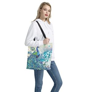 Xpyiqun Heavy Duty Canvas Tote Bag for Women Girls Peacock Graphic Eco-friendly Reusable Grocery Bags Foldable Shopping Bag Kids School Bookbag Sack Bags Shoulder Bag