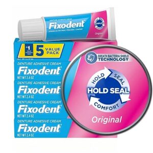 fixodent original secure denture adhesive cream for full and partial denture wearers, 2.4oz (pack of 5)