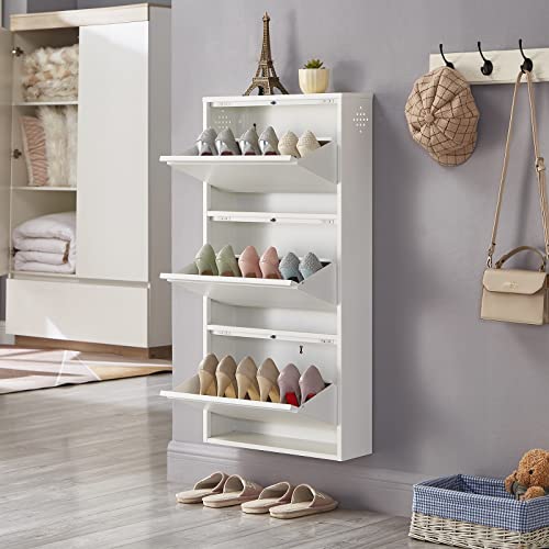 SPACEROCK 3 Drawer Shoe Storage Cabinet Wall Mounted & No-Assembly 20“ Metal Shoe Cabinet for Entryway, Hallway, and Corridor, Holds 9 Pair Shoes (White, 20 Inches)