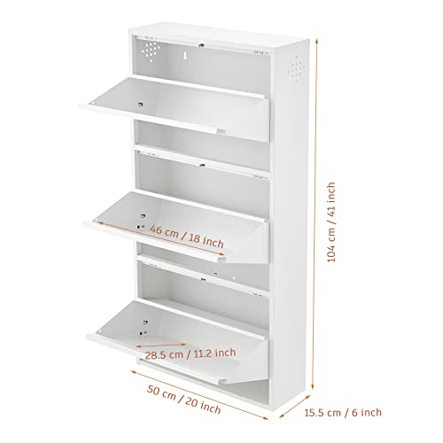 SPACEROCK 3 Drawer Shoe Storage Cabinet Wall Mounted & No-Assembly 20“ Metal Shoe Cabinet for Entryway, Hallway, and Corridor, Holds 9 Pair Shoes (White, 20 Inches)