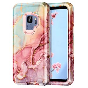 btscase compatible with samsung galaxy s9 case, marble pattern 3 in 1 heavy duty shockproof full body hard pc+soft silicone drop protective women girls cover for samsung galaxy s9 (2018), rose gold