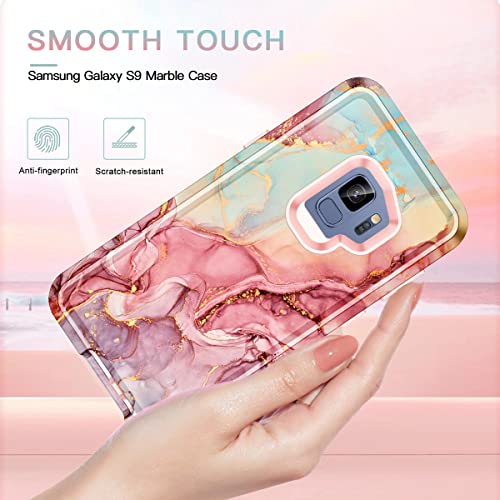 Btscase Compatible with Samsung Galaxy S9 Case, Marble Pattern 3 in 1 Heavy Duty Shockproof Full Body Hard PC+Soft Silicone Drop Protective Women Girls Cover for Samsung Galaxy S9 (2018), Rose Gold