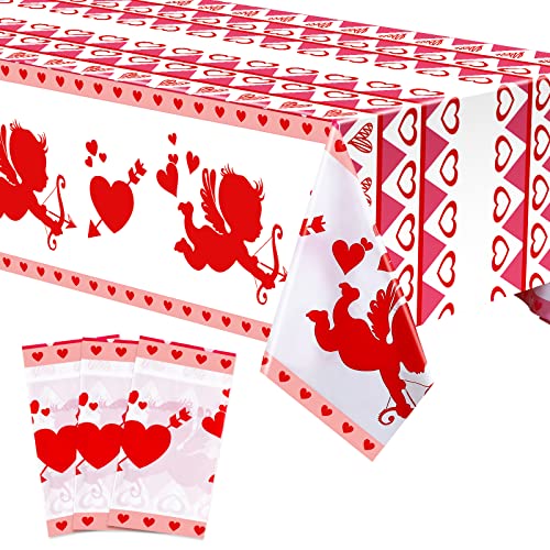 3 Pack Valentine's Day Tablecloth Disposable Thick Valentines Day Table Cover Plastic Rectangular Red Heart Tablecloths Valentines Day Party Supplies Wedding Anniversary Birthday Decor (54 x 87 Inch)