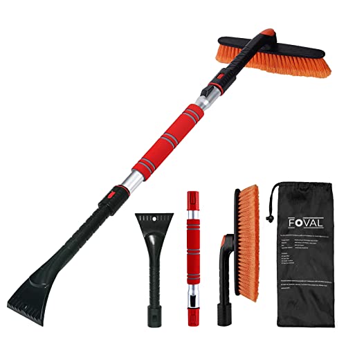 FOVAL 47.2" Extendable Snow Brush and Wider Ice Scraper (4.73" Width) with 360° Pivoting Brush Head, Snow Removal Tool Car Brush with Comfortable Foam Grip for Car Windshield, Trucks, SUVs