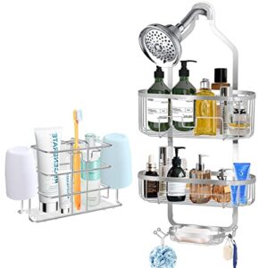 homyfort Shower Caddy Rack Over Shower Head Suction Cup and Toothbrush,cup Holder for Razor and Sponge-Shampoo Soap Organizer,Rustproof Stainless Steel, Silver(2 PACK)