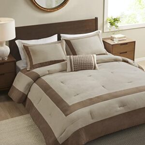 madison park darcey cozy comforter set, faux suede, deluxe hotel styling all season down alternative bedding matching shams, decorative pillow, full/queen(90 in x 90 in), border taupe 4 piece