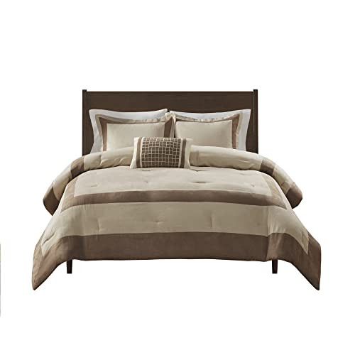 Madison Park Darcey Cozy Comforter Set, Faux Suede, Deluxe Hotel Styling All Season Down Alternative Bedding Matching Shams, Decorative Pillow, Full/Queen(90 in x 90 in), Border Taupe 4 Piece