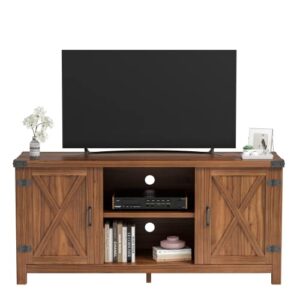 jummico modern tv stand with double barn doors storage cabinets for tvs to 65+ inch, farmhouse tv entertainment center 58 inch tv table for living room (walnut, without fireplace)
