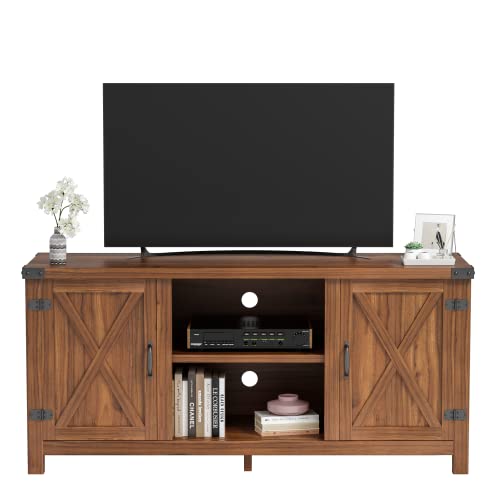 JUMMICO Modern TV Stand with Double Barn Doors Storage Cabinets for TVs to 65+ Inch, Farmhouse TV Entertainment Center 58 Inch TV Table for Living Room (Walnut, Without Fireplace)