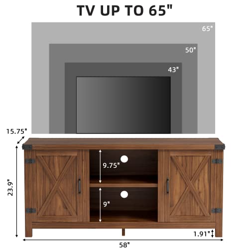 JUMMICO Modern TV Stand with Double Barn Doors Storage Cabinets for TVs to 65+ Inch, Farmhouse TV Entertainment Center 58 Inch TV Table for Living Room (Walnut, Without Fireplace)