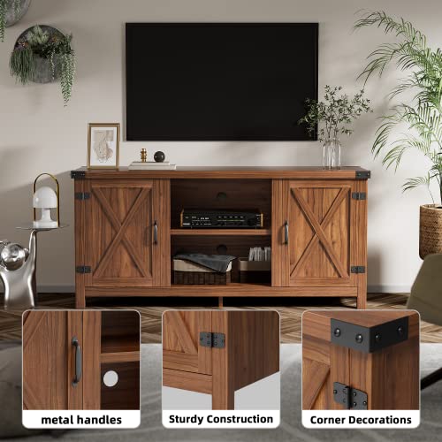 JUMMICO Modern TV Stand with Double Barn Doors Storage Cabinets for TVs to 65+ Inch, Farmhouse TV Entertainment Center 58 Inch TV Table for Living Room (Walnut, Without Fireplace)