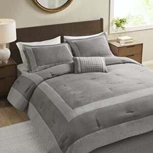 madison park darcey cozy comforter set, faux suede, deluxe hotel styling all season down alternative bedding matching shams, decorative pillow, full/queen(90 in x 90 in), border grey 4 piece