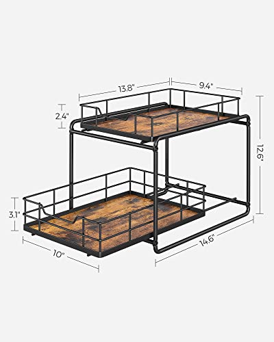 SONGMICS Spice Rack Organizer, Countertop Organizer for Bathroom Kitchen, 2 Tier Space-Saving Counter Shelf with Slide Out Basket Drawers, 14.6 x 11 x 12.6 Inches, Rustic Brown and Black