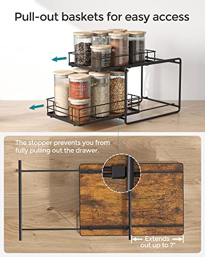 SONGMICS Spice Rack Organizer, Countertop Organizer for Bathroom Kitchen, 2 Tier Space-Saving Counter Shelf with Slide Out Basket Drawers, 14.6 x 11 x 12.6 Inches, Rustic Brown and Black