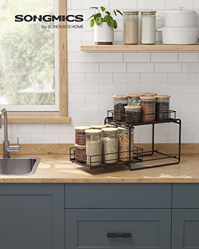 SONGMICS Spice Rack Organizer, Countertop Organizer for Bathroom Kitchen, 2 Tier Space-Saving Counter Shelf with Slide Out Basket Drawers, 14.6 x 11 x 12.6 Inches, Rustic Brown and Black