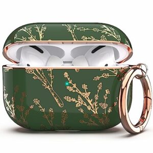 tatofy case cover for airpods pro 2019,stylish airpods pro case for women girls, flower patterns protective hard case with clip （golden green）