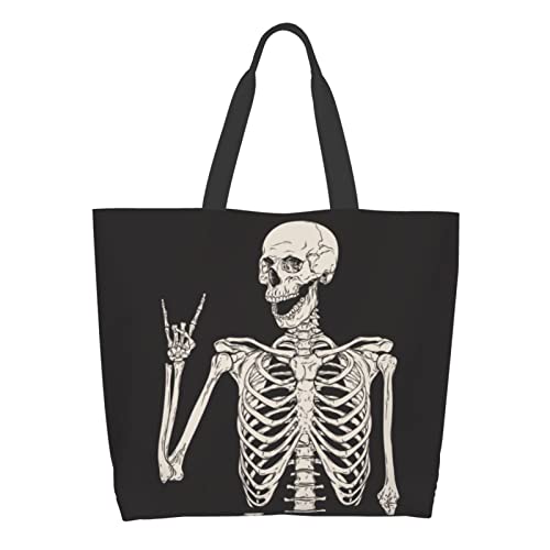 Foruidec Rock And Roll Skull Skeleton Canvas Tote Bag Large Women Casual Shoulder Bag Handbag Reusable Multipurpose Shopping Grocery Bag For Outdoors