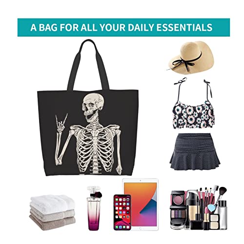 Foruidec Rock And Roll Skull Skeleton Canvas Tote Bag Large Women Casual Shoulder Bag Handbag Reusable Multipurpose Shopping Grocery Bag For Outdoors