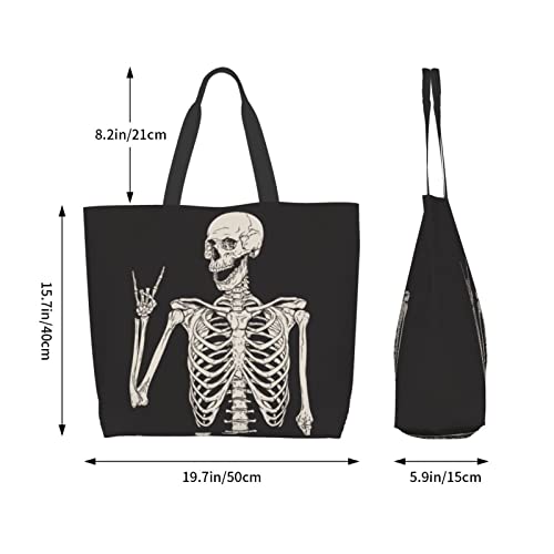 Foruidec Rock And Roll Skull Skeleton Canvas Tote Bag Large Women Casual Shoulder Bag Handbag Reusable Multipurpose Shopping Grocery Bag For Outdoors