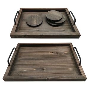 juleduo rustic wooden serving trays with handle-set of 2-decorative nesting food board platters 4 coasters，for breakfast kitchen ottoman coffee table