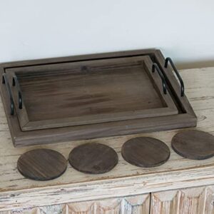 Juleduo Rustic Wooden Serving Trays with Handle-Set of 2-Decorative Nesting Food Board Platters 4 Coasters，for Breakfast Kitchen Ottoman Coffee Table